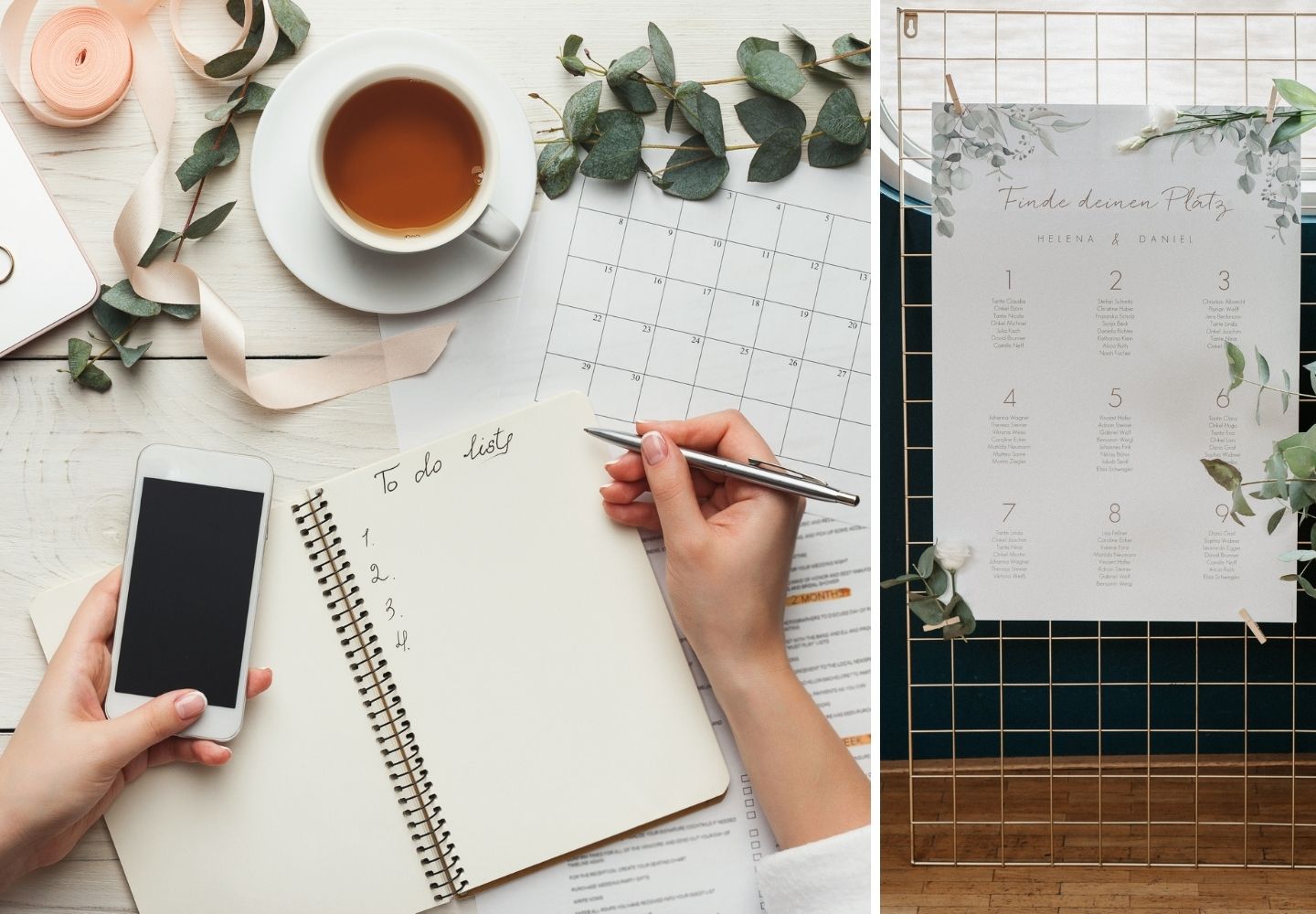 Auf einem Tisch liegen alle Utensilien wie Stift, Papier und Checklisten bereit, die für die Planung der perfekten Gästeliste und Sitzordnung benötigt werden.