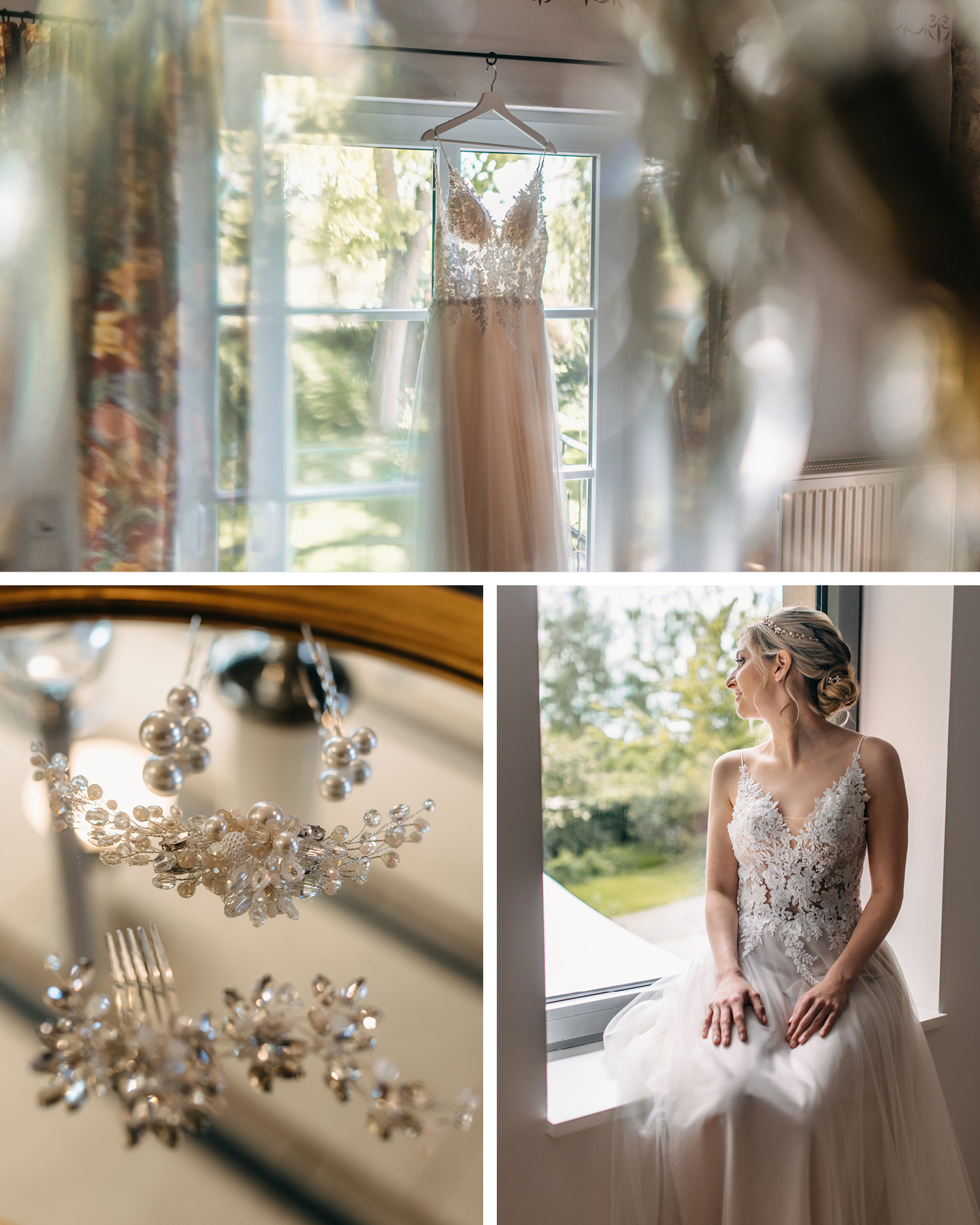 Brautkleid aus Spitze zur Weingut Hochzeit hängt am Fenster. Braut sitzt im Brautkleid auf Fensterbank, um im Weingut zu heiraten.