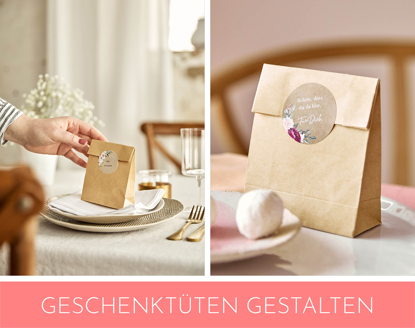 Geschenktüten mit personalisierten Aufklebern für die Gäste stehen auf der festlich geschmückten Hochzeitstafel