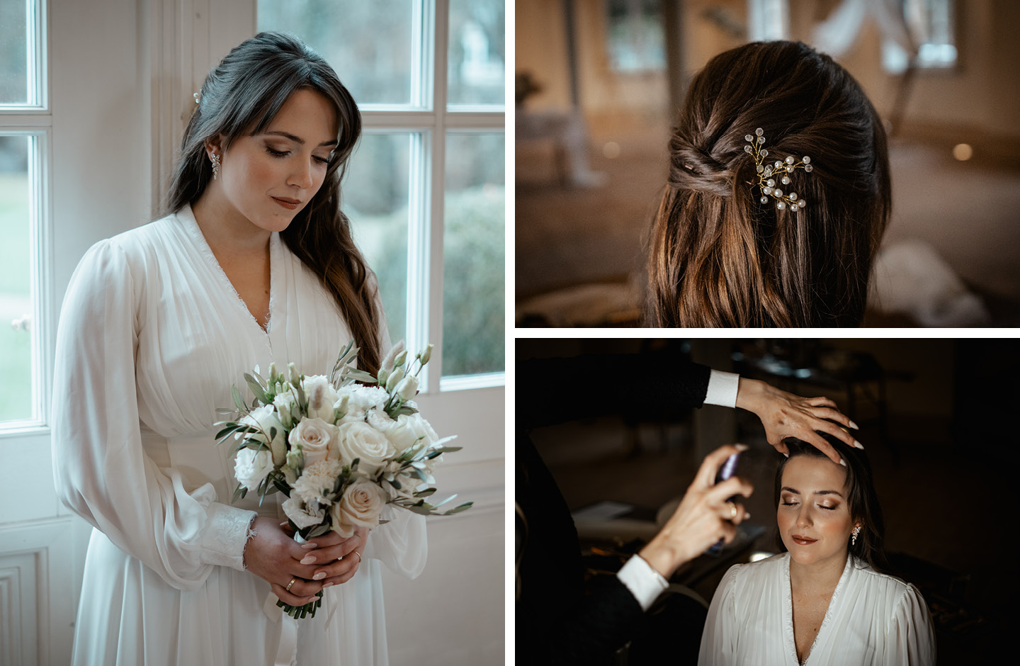 Braut in einem weißen Kleid hält ihren Brautstrauß. Die Braut trägt eine halbe Hochsteckfrisur mit einer Haarnadel. Die Braut wird geschminkt.