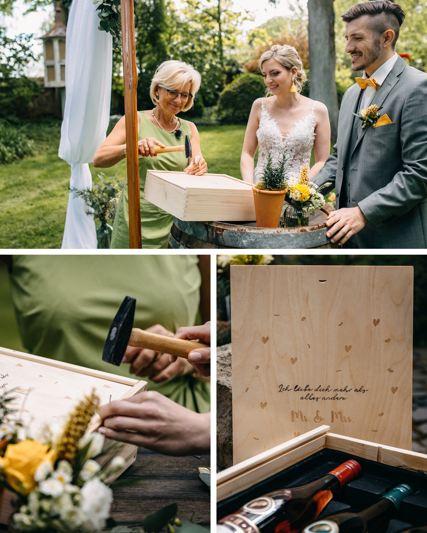 Brautpaar mit freier Traurednerin verschließen Holzkiste mit Wein und guten Wünschen zum 1. Hochzeitstag.