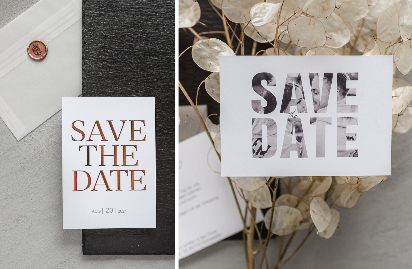 Collage von schlichten Save-the-Date-Karten