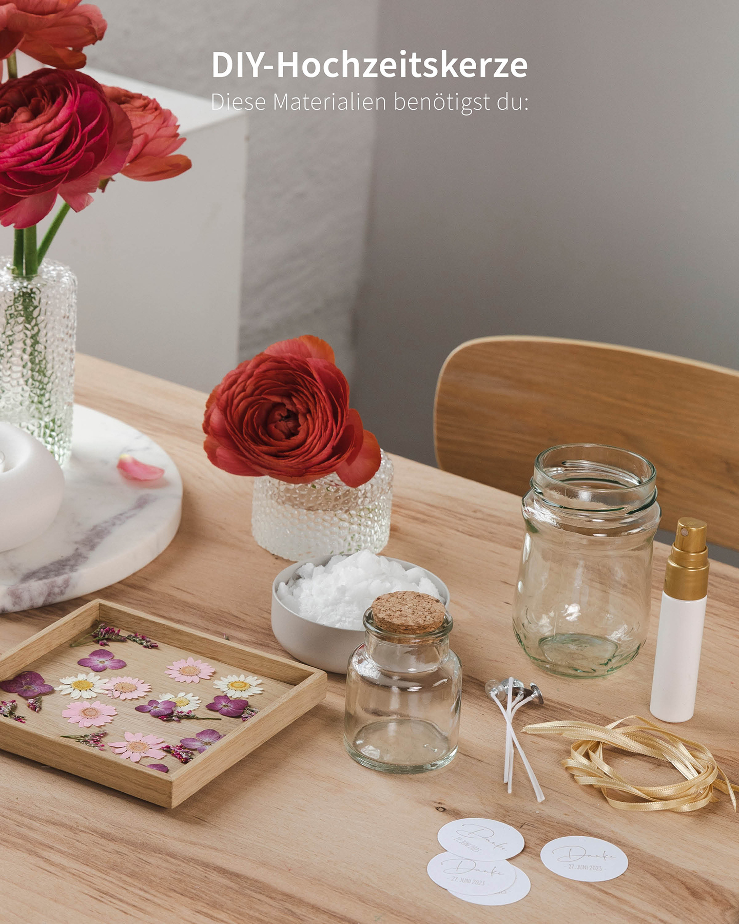 Gastgeschenke Hochzeit selber machen. Materialien auf einem Tisch.