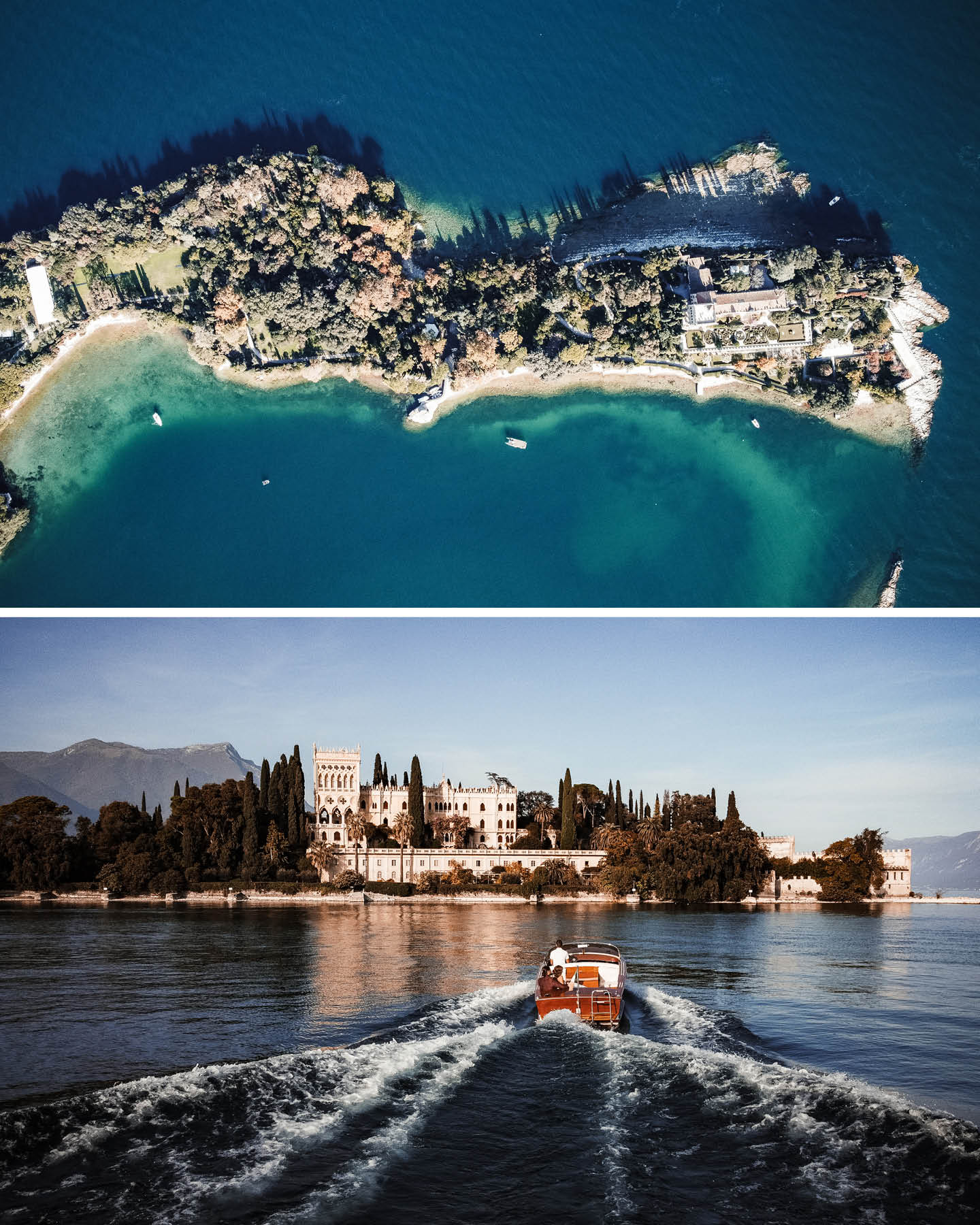 Luftbild der Isola del Garda, kleines Motorboot auf dem Weg dorthin