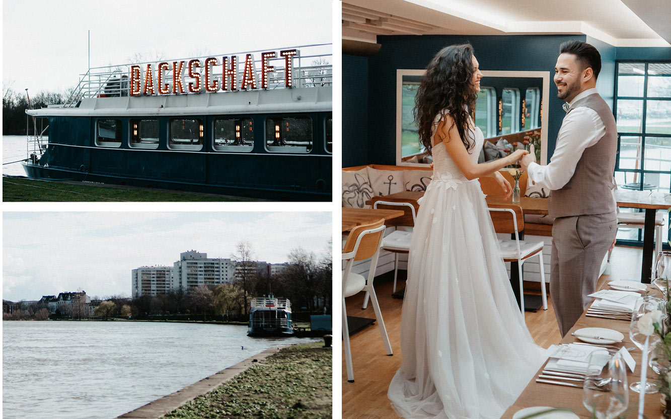 Kleine Hochzeit auf einem Hausboot Brautpaar