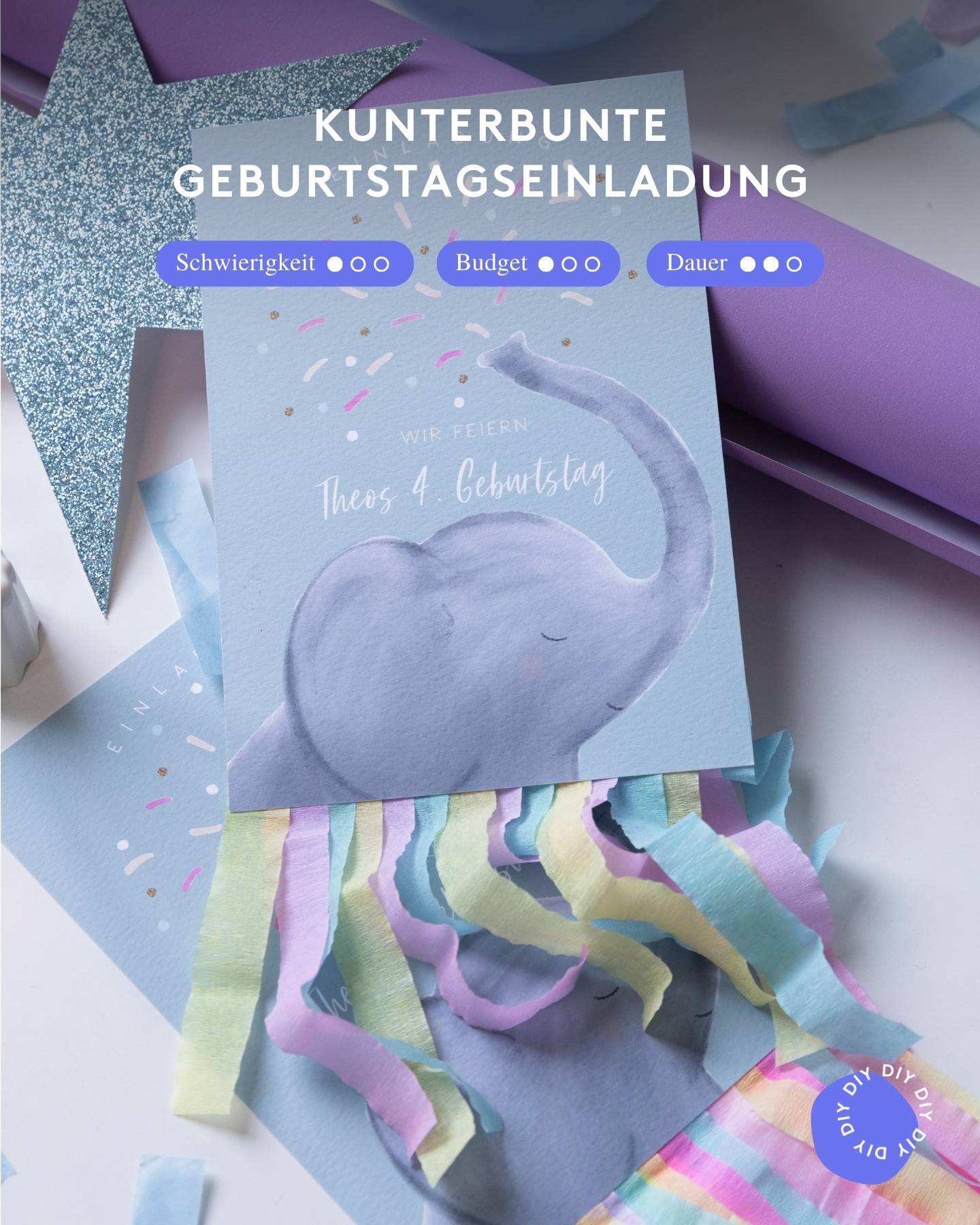 Einladungskarte zum Kindergeburtstag mit Elefanten-illustration wird mit Krepppapier verziert.